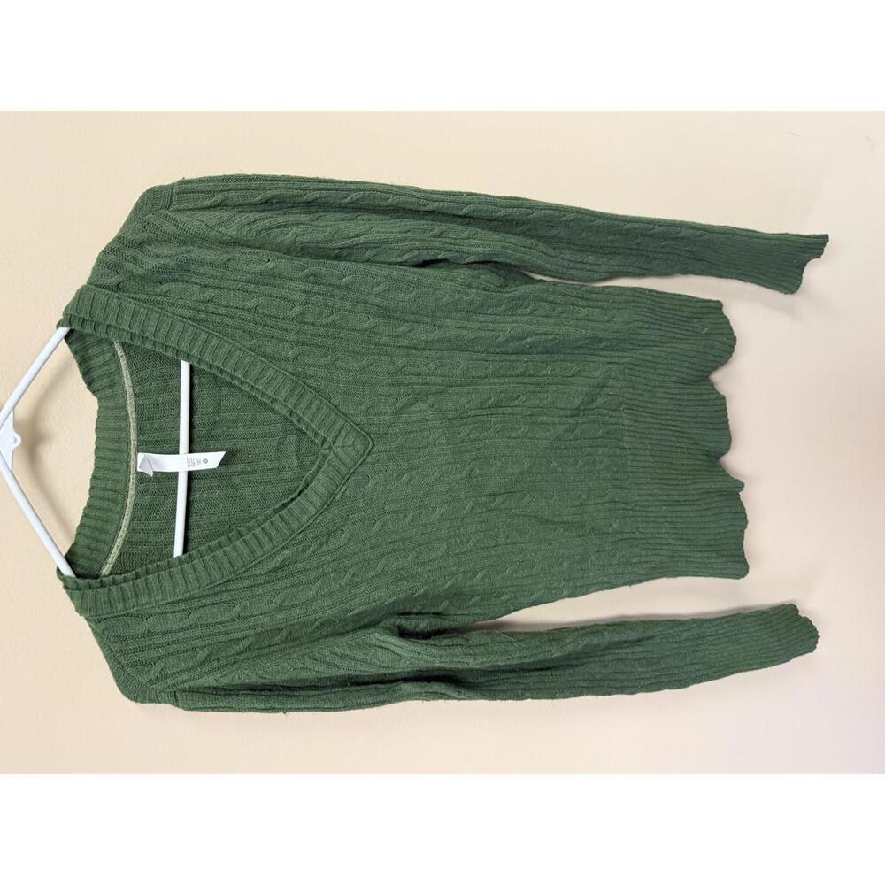 Lilu Women's Green V-Neck Cable Knit Sweater XL